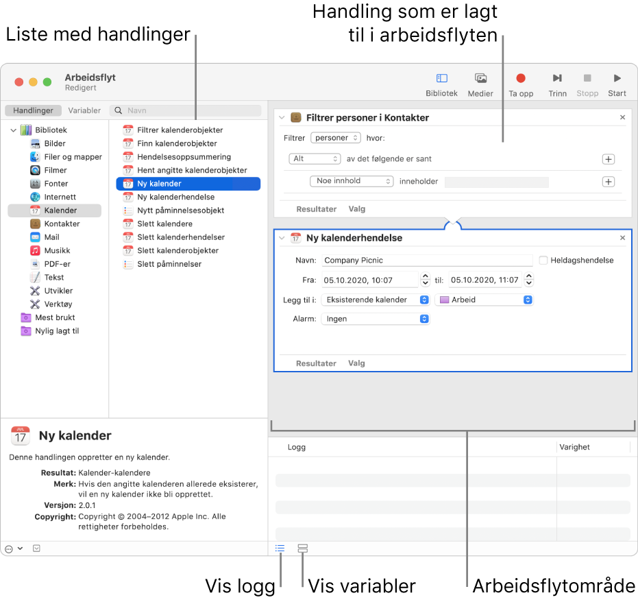 Automator-vinduet. Biblioteket vises helt til venstre og inneholder en liste med programmer som Automator har handlinger for. Kalender-programmet er markert i listen, og tilgjengelige handlinger i Kalender er oppført i kolonnen til høyre. Til høyre i vinduet er det en arbeidsflyt der en Kalender-hendelse er lagt til.