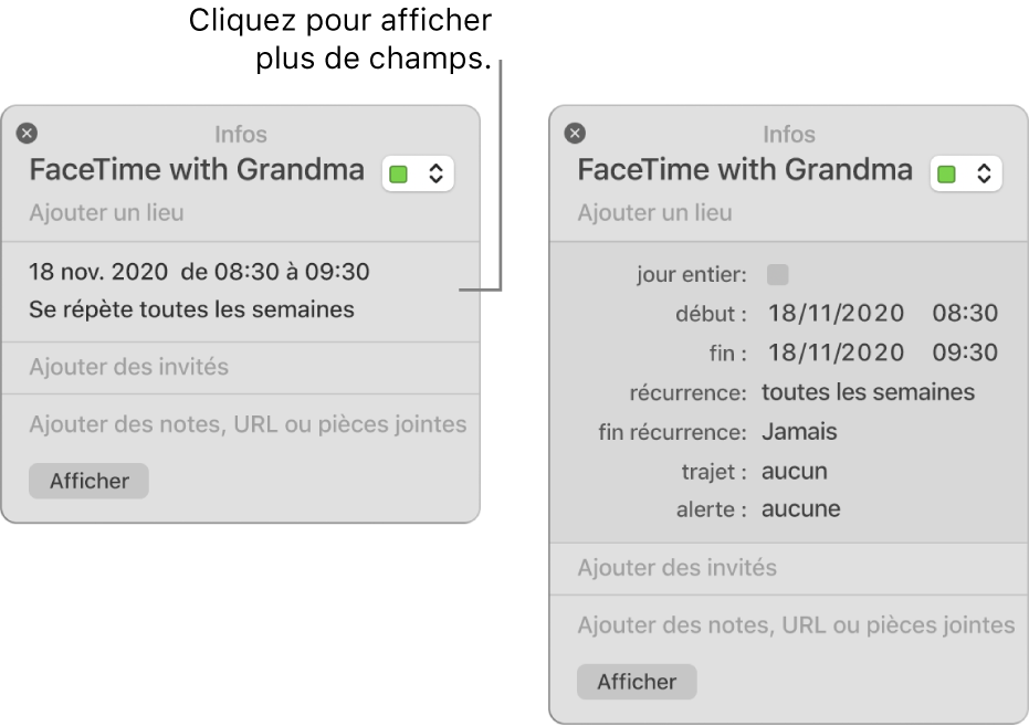 Fenêtre d’informations d’un événement avec les détails masqués (à gauche), puis la même fenêtre d’informations avec les détails relatifs à la durée affichés (à droite).