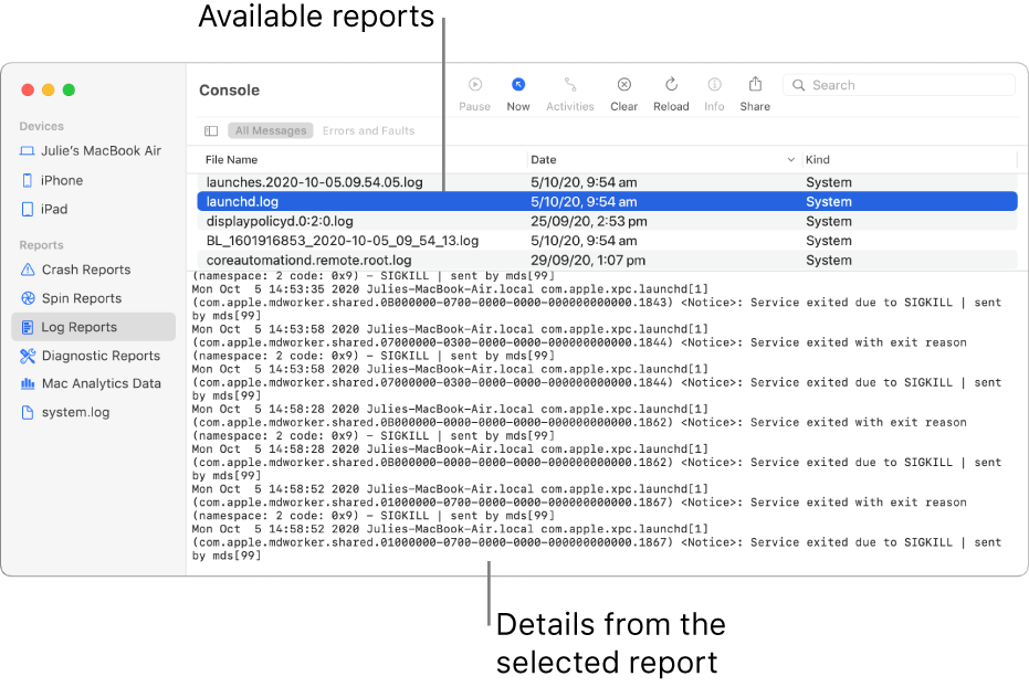 The Console window showing report categories in the sidebar, reports on the top and to the right of the sidebar, and report details below.