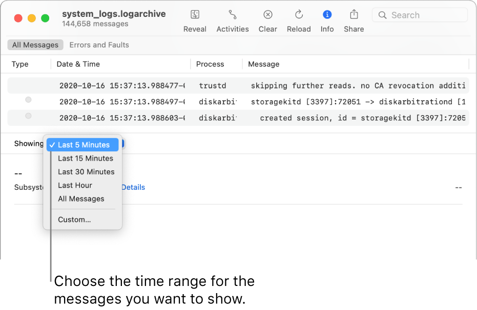 The Console window showing the log archive. Choose a time range from the Showing field in the lower-left part of the screen for the messages you want to show.