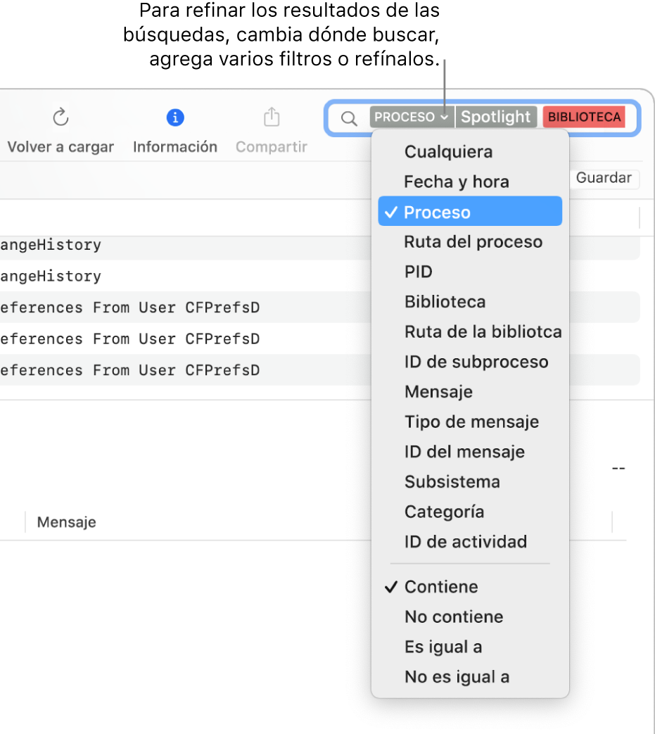 El campo de búsqueda en la parte superior de la ventana de Consola con dos filtros de búsqueda en el campo y un menú debajo de uno de ellos. Para afinar los resultados de búsqueda, cambia los filtros, agrega varios filtros o afínalos.