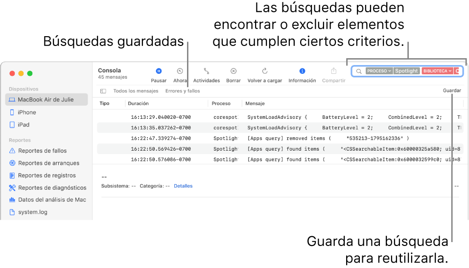 Ventana de Consola con criterios de búsqueda ingresados. Las búsquedas pueden incluir y excluir registros y actividades con base en varias categorías.