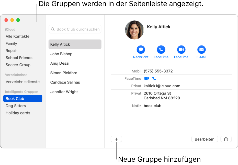 Das Fenster der App „Kontakte“ mit verschiedenen Gruppen in der Seitenleiste und der Taste zum Hinzufügen einer neuen Gruppe unten auf einer Kontaktkarte