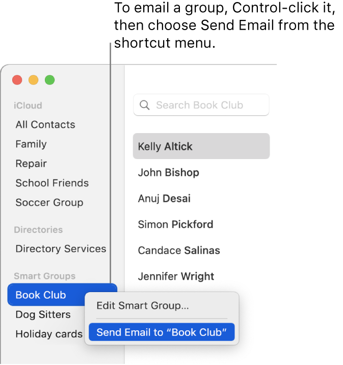 The Contacts sidebar showing the pop-up menu with the command for sending email to the group selected.