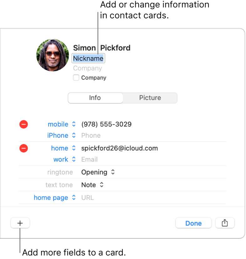 A contact card showing the nickname field below the contact’s name and a button at the bottom of the window for adding more fields to the card.