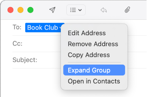 An email in Mail, showing a group in the To field and the pop-up menu showing the Expand Group command selected.
