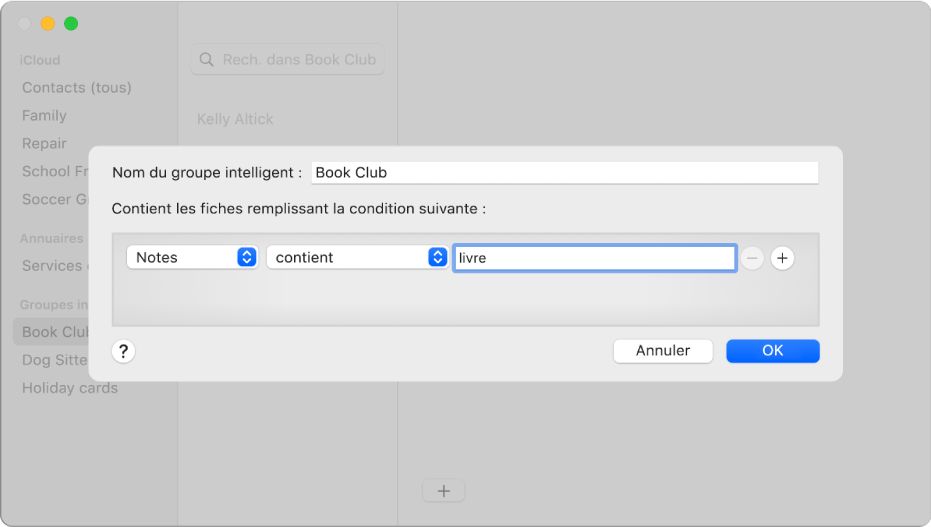 Fenêtre d’ajout d’un groupe intelligent, avec un groupe appelé « Club de lecture » comprenant les contacts dont le champ Remarque contient le mot « livre ».