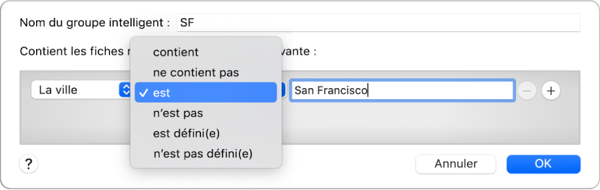 La fenêtre du groupe intelligent affichant un groupe nommé SF et une condition avec trois critères : « La ville » dans le premier champ, « est » sélectionné à partir d’un menu local dans le deuxième champ, et « San Francisco » dans le troisième champ.