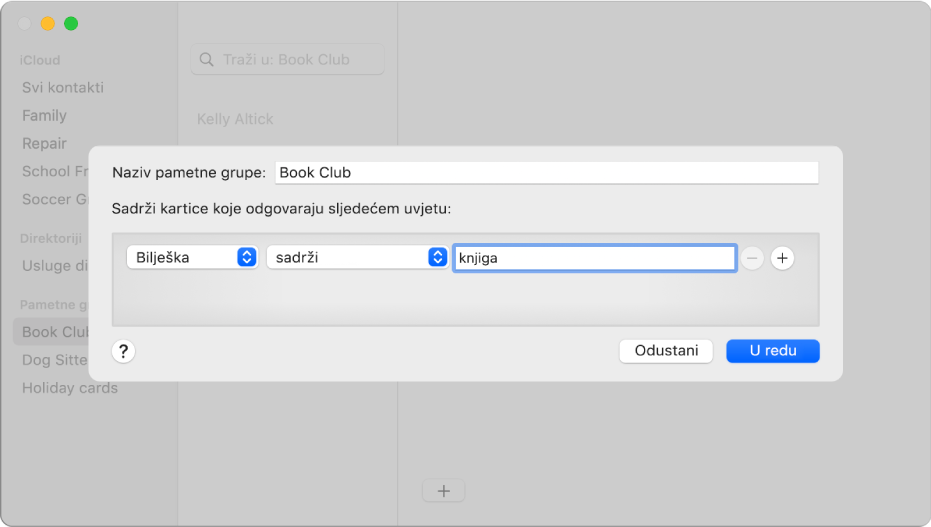 Prozor za dodavanje pametne grupe, s grupom pod nazivom Književni klub koja sadrži kontakte kojima u polju Bilješke piše riječ "knjiga".