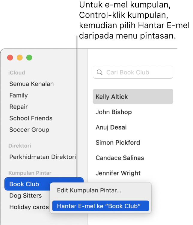 Bar sisi Kenalan menunjukkan menu timbul dengan perintah untuk menghantar e-mel kepada kumpulan dipilih.