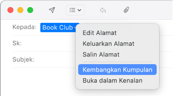 E-mel dalam Mail, menunjukkan kumpulan dalam medan Kepada dan menu timbul menunjukkan arahan Kembangkan Kumpulan dipilih.