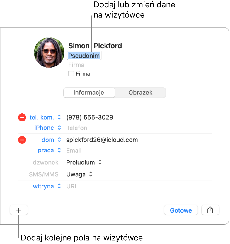 Wizytówka zawierająca pole Pseudonim poniżej imienia i nazwiska kontaktu. Na dole okna znajduje się przycisk pozwalający dodać do wizytówki kolejne pola.