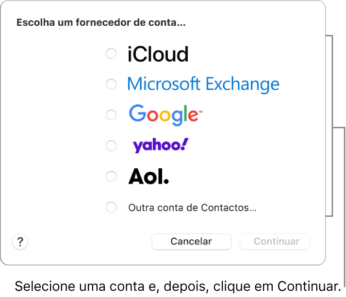 A lista de tipos de conta da internet que pode adicionar à aplicação Contactos: iCloud, Exchange, Google, Yahoo, AOL e outras contas de contactos.