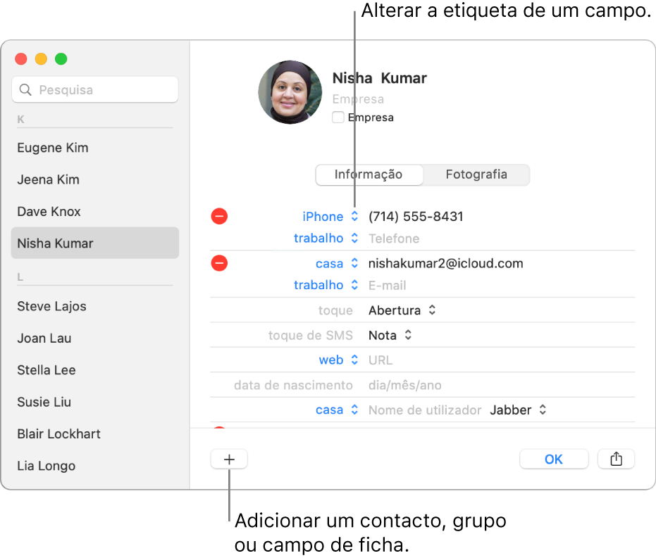 Uma ficha de contacto a mostrar uma etiqueta de campo que pode ser alterada e o botão no fundo do cartão para adicionar um contacto, grupo ou campo da ficha.