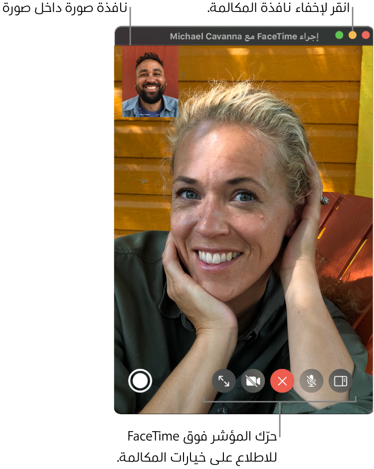 حرِّك المؤشر على نافذة FaceTime لرؤية خيارات مثل أزرار الشريط الجانبي وكتم الصوت وإنهاء المكالمة وكتم صوت الفيديو وملء الشاشة و Live Photo. انقر على الزر الأوسط في الزاوية العلوية اليمنى لإخفاء نافذة المكالمة. تظهر نافذة صورة داخل صورة في الزاوية العلوية اليسرى.
