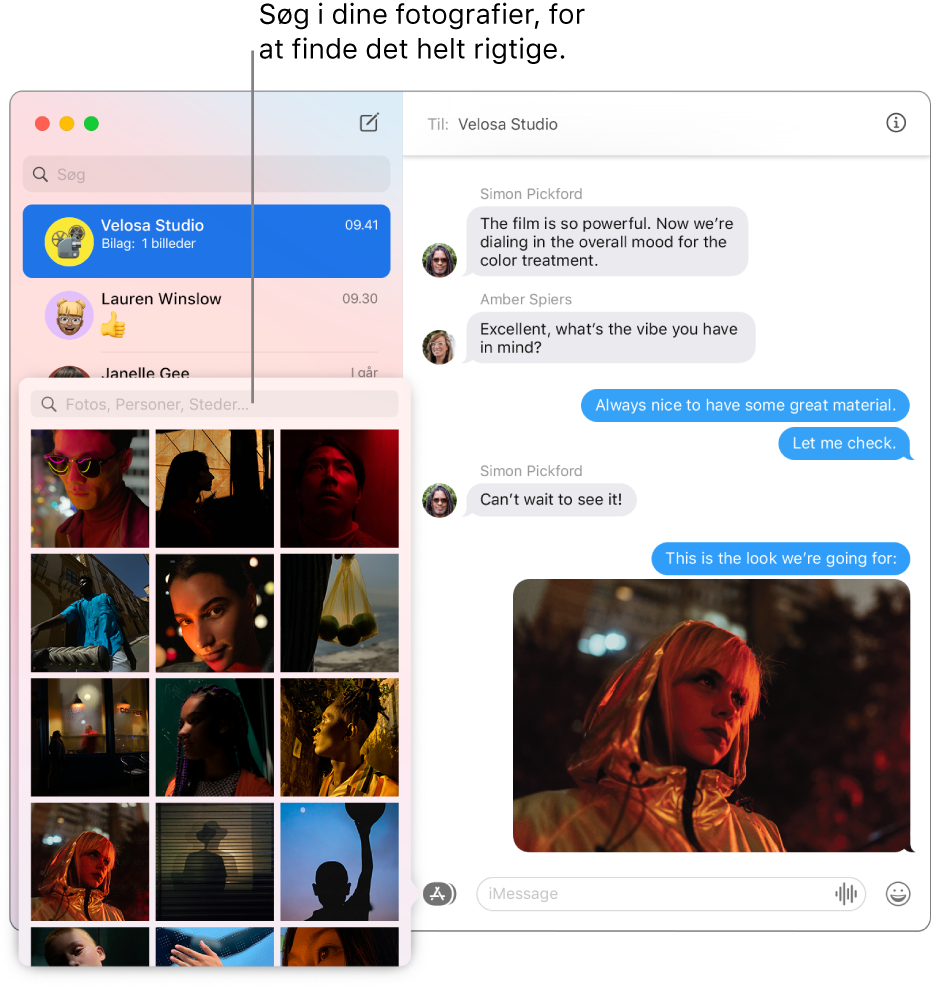 Vinduet Beskeder med flere samtaler i indholdsoversigten til venstre, søgefeltet, der kan bruges til at søge i dine fotografier, og en samtale til højre.