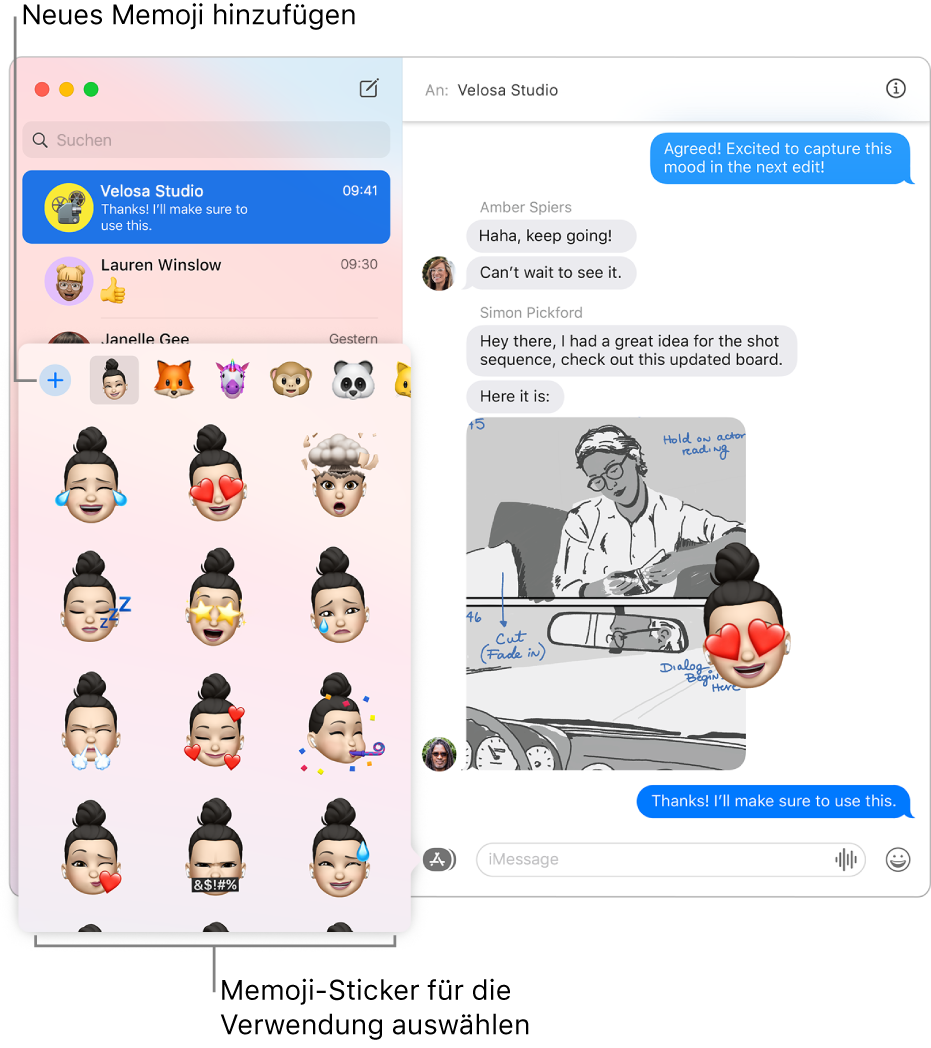 Das Fenster „Nachrichten“ mit einer Liste von Konversationen in der Seitenleiste links und einer Konversation im Bereich rechts. Beim Auswählen von Memoji-Stickern über die Taste „Apps“ kannst du den zu verwendenden Memoji-Sticker wählen oder ein neues Memoji erstellen.