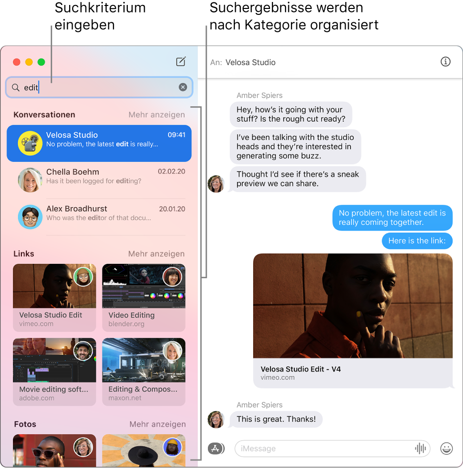 Das Fenster der App „Nachrichten“ mit dem Suchfeld oben links, in das Suchkriterien eingegeben wurden. Darunter sind die Suchergebnisse nach Kategorien wie „Konversationen“, „Links“ und „Fotos“ sortiert.