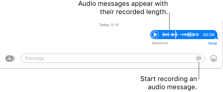 A conversation in the Messages window, showing the Record Audio button next to the text field at the bottom of the window. An audio message appears with its recorded length in the conversation.