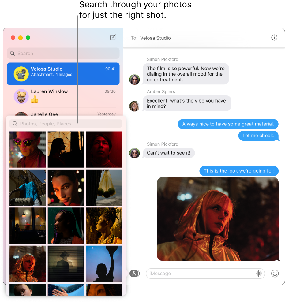 The Messages window with several conversations listed in the sidebar on the left, the search field for searching through your photos, and a conversation showing on the right.
