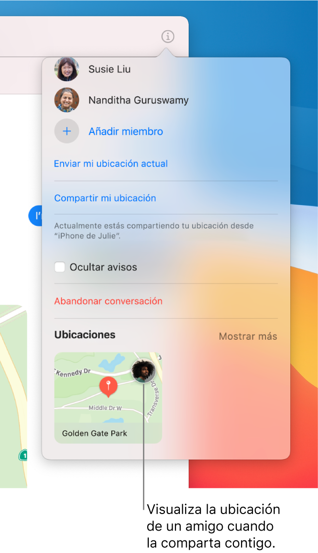 Vista de detalles con un mapa en la parte inferior. Se ve un icono del amigo que compartió su ubicación contigo.