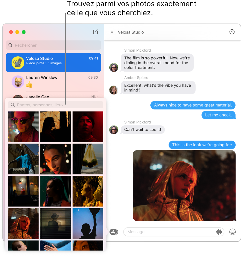 La fenêtre Messages avec plusieurs conversations répertoriées dans la barre latérale à gauche, le champ de recherche pour effectuer une recherche dans vos photos et une conversation qui s’affiche à droite.