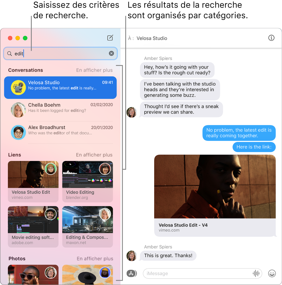 La fenêtre Messages avec des critères de recherches saisis dans le champ Rechercher en haut à gauche. Les résultats de la recherche sont organisés en dessous par catégorie, comme Conversations, Liens et Photos.