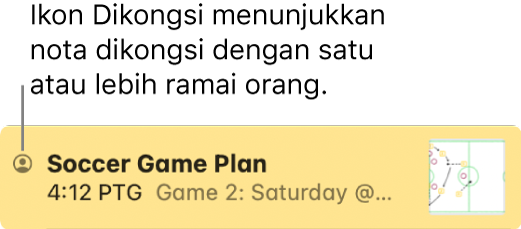 Nota yang telah dikongsi dengan orang lain, dengan ikon Dikongsi di sebelah kiri nama nota.