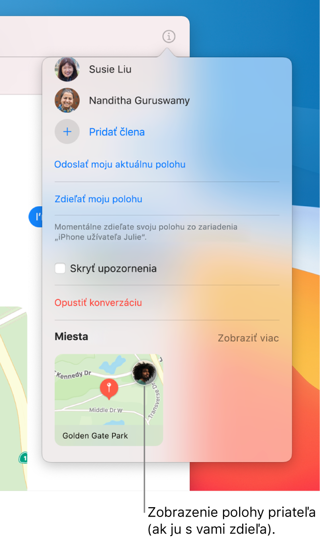 Zobrazenie Detaily s mapou v dolnej časti. Môžete vidieť ikonu priateľov, ktorí s vami zdieľali svoju polohu.