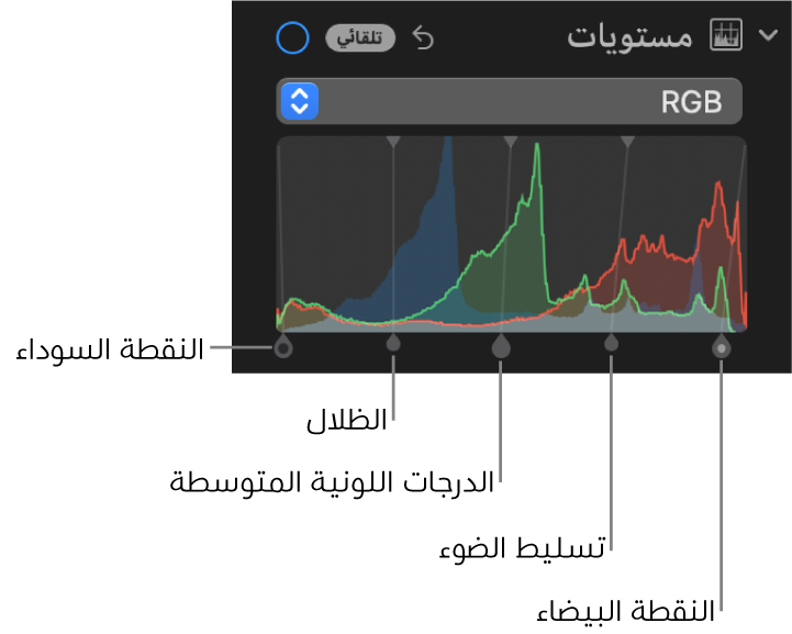 عناصر تحكم المستويات في الجزء ضبط، تُظهر مدرج RGB التكراري بمقابض أدناه، وتشمل (من اليمين إلى اليسار) النقطة السوداء والظلال والدرجات اللونية المتوسطة والتمييزات، والنقطة البيضاء.