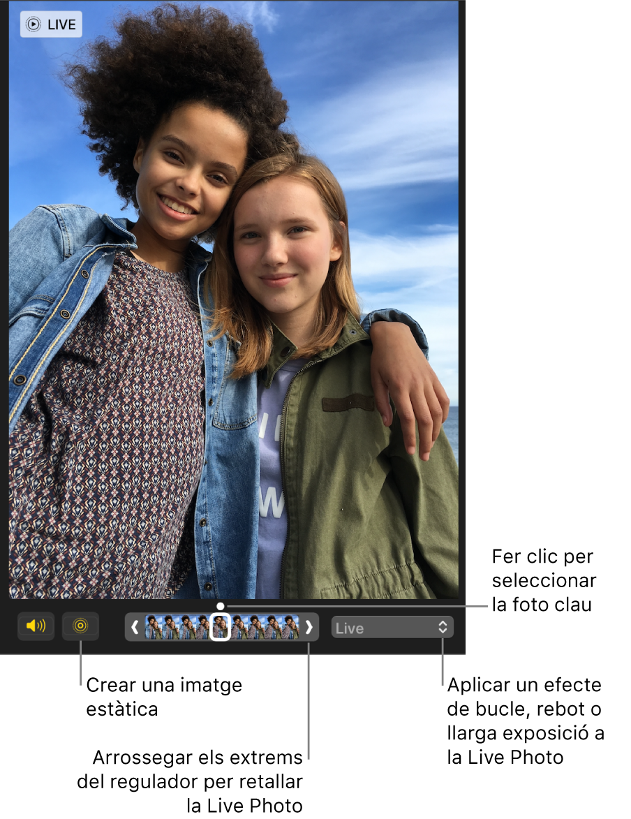 Una Live Photo en la vista d’edició, amb un regulador a sota que mostra els fotogrames de la foto. Els botons “Live Photo” i Altaveu estan situats a l’esquerra del regulador, i a la dreta hi ha un menú desplegable que pots utilitzar per afegir un bucle, un rebot o un efecte d’exposició prolongada.
