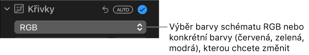 Ovládací prvky Křivky na panelu Úpravy s volbou RGB vybranou v místní nabídce