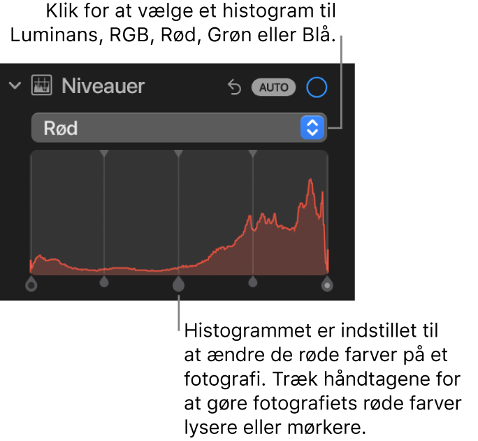 Betjeningsmulighederne til Niveauer i vinduet Juster, der viser histogrammet til rød med håndtag nedenfor til justering af de røde farveniveauer på fotografiet.