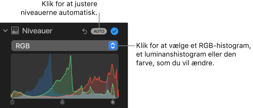 Betjeningsmulighederne til Niveauer i vinduet Juster med knappen Auto øverst til højre og RGB-histogrammet nedenunder.