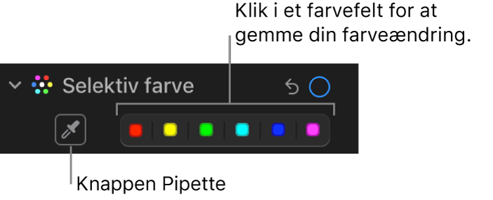 Betjeningsmulighederne til Selektiv farve i vinduet Juster, der viser pipetteknappen og farvefelter.