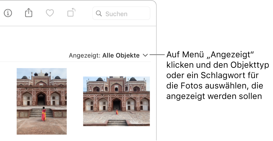 Das Einblendmenü „Anzeigen“ mit der ausgewählten Option zum Anzeigen aller Objekte.