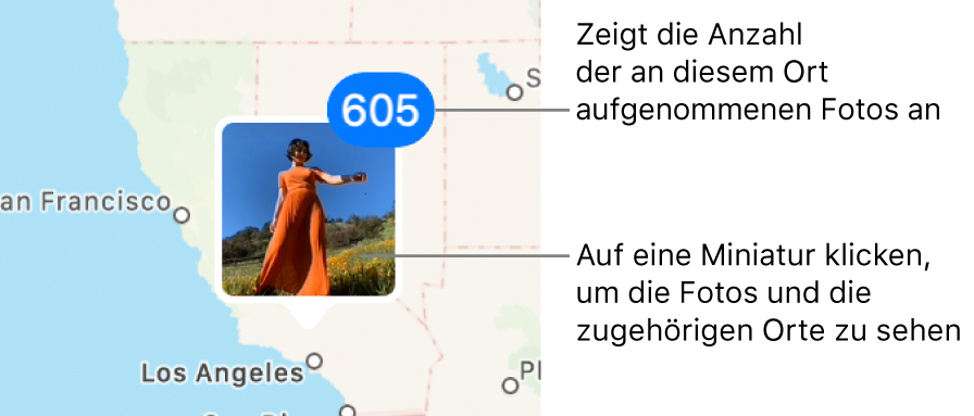 Eine Fotominiatur auf einer Karte mit einer Zahl rechts oben in der Ecke, die anzeigt, wie viele Fotos an diesem Standort aufgenommen wurden.