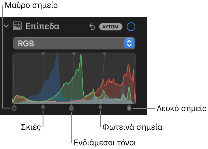 Τα χειριστήρια Επιπέδων στο τμήμα «Προσαρμογή», όπου φαίνεται το ιστόγραμμα RGB από κάτω, συμπεριλαμβανομένων (από αριστερά προς δεξιά) των εξής: μαύρο σημείο, σκοτεινά σημεία, ενδιάμεσοι τόνοι, φωτεινά σημεία, και λευκό σημείο.