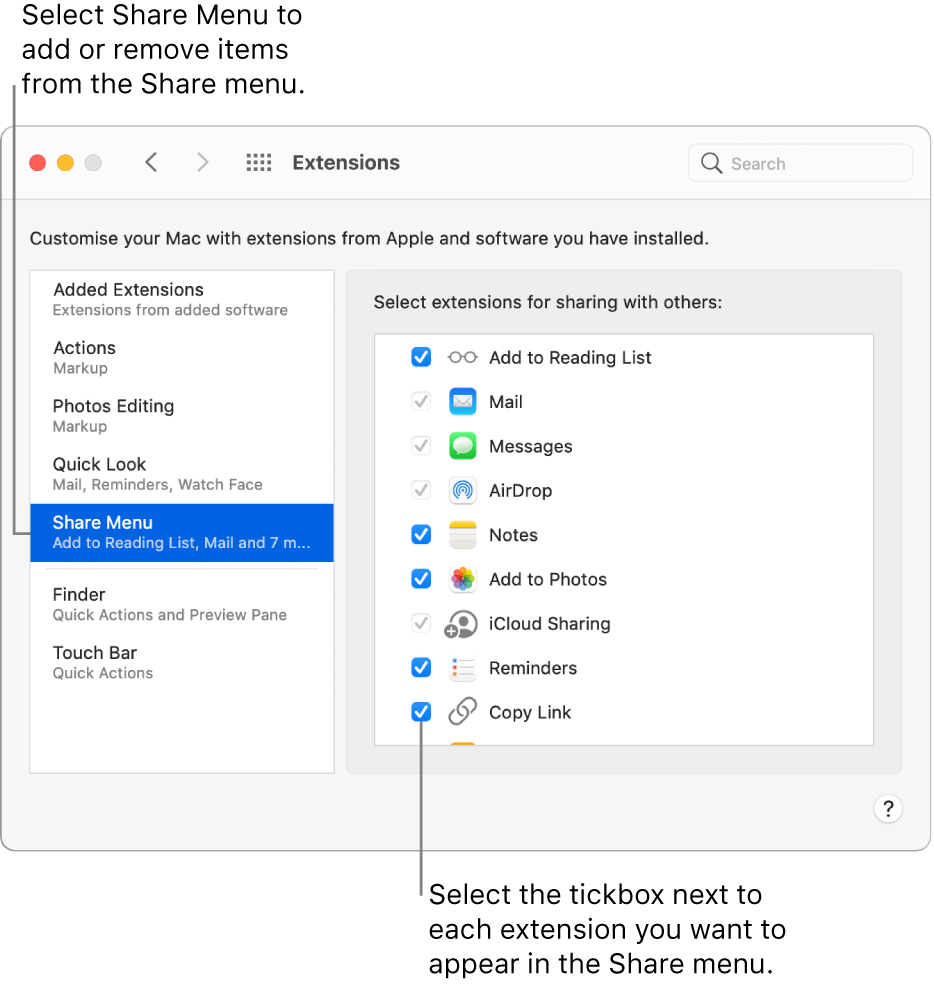 The Extensions pane of System Preferences, showing Share Menu selected and a list of third-party extensions on the right.
