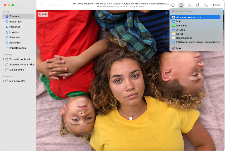 La ventana de Fotos con una foto y el menú Compartir con el comando “Álbumes compartidos” seleccionado.