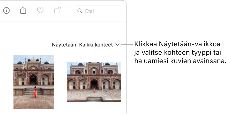 Näytetään-ponnahdusvalikko, joka on asetettu näyttämään kaikki kohteet.