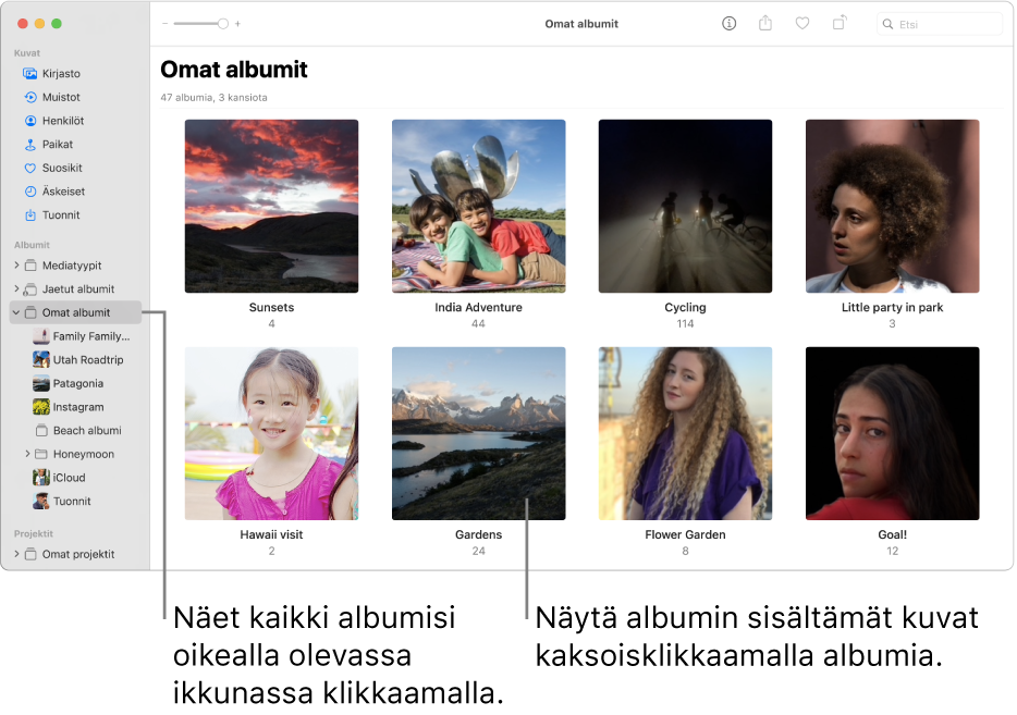 Kuvat-ikkuna, jossa Omat albumit on valittuna, ja luomasi albumit näkyvät ikkunassa oikealla.