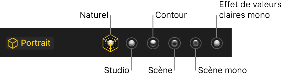 Choix d’effets d’éclairage en mode portrait, notamment (de gauche à droite) Naturel, Studio, Contour, Scène, Scène Mono et Effet de valeurs claires mono.