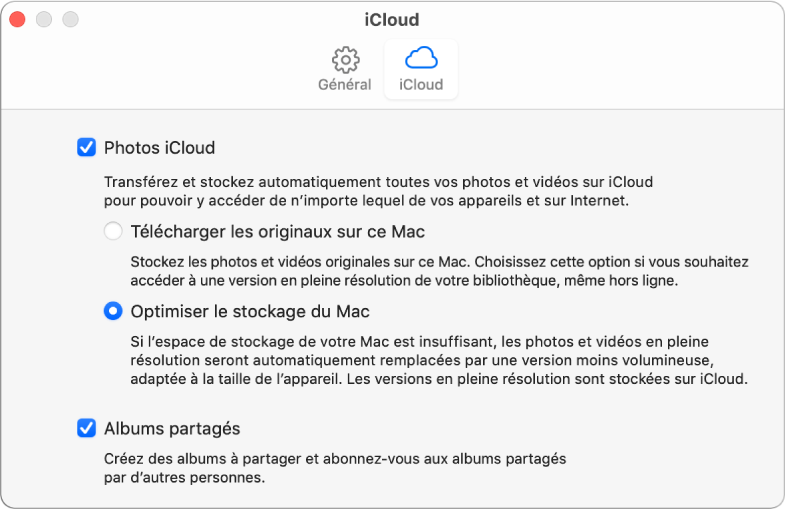 La sous-fenêtre iCloud des préférences Photos.