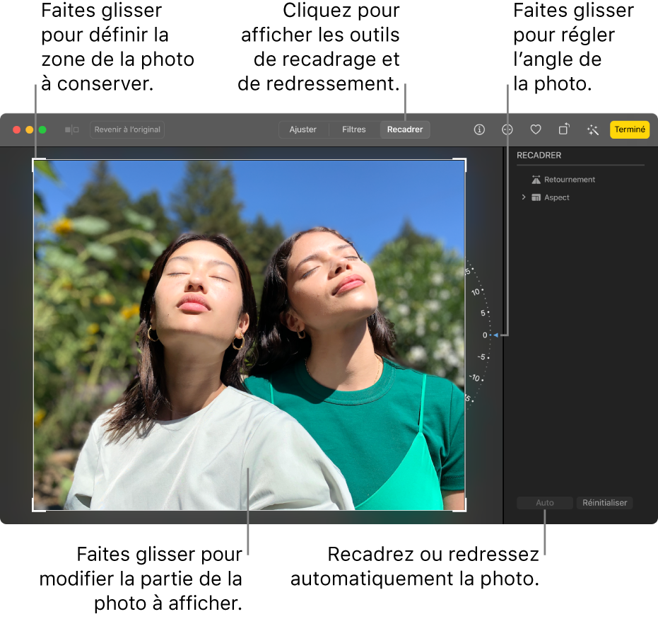Une photo en mode édition, avec l’outil Recadrer sélectionné dans la barre d’outils, un rectangle de sélection autour de la photo, une roue d’inclination à droite de la photo et un bouton Auto en bas à droite.
