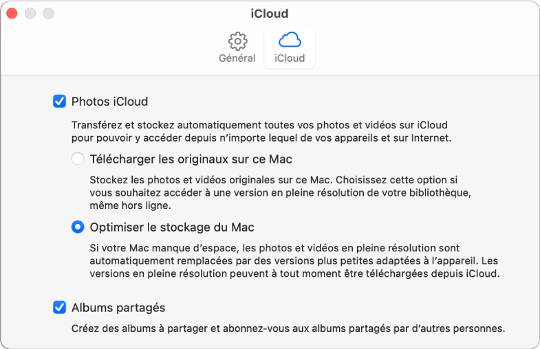 La sous-fenêtre iCloud des préférences Photos.