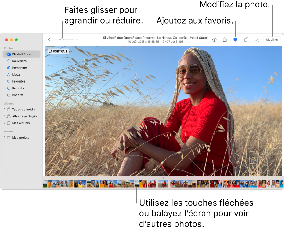 La fenêtre Photos présentant une photo agrandie à droite avec un rang de vignettes au-dessous. La barre d’outils en haut comprend le curseur Réduire/agrandir, le bouton Ajouter aux favoris et le bouton Modifier.