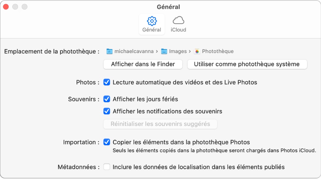 La sous-fenêtre Général des préférences Photos.