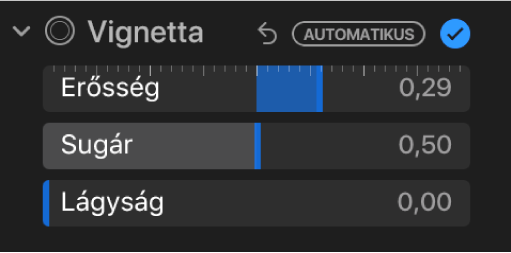 A Beállítás panel Vignetta vezérlői az Erősség, Sugár és Lágyság csúszkákkal.