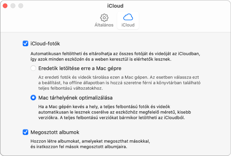 A Fotók beállításainak iCloud panelje.